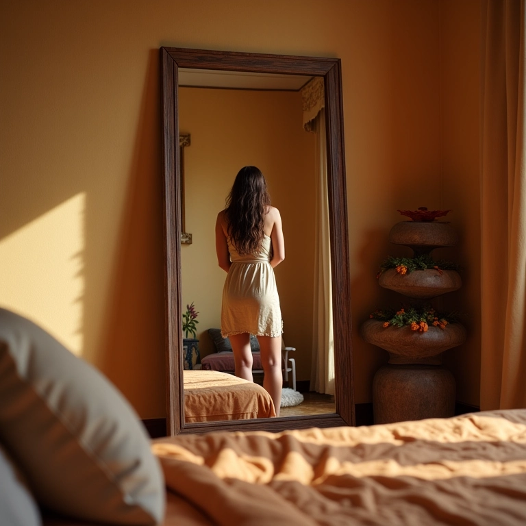 Quarto aconchegante com espelho de corpo inteiro refletindo uma pessoa se vestindo.