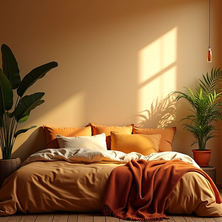 Quarto aconchegante com iluminação indireta suave, decoração brasileira e plantas.