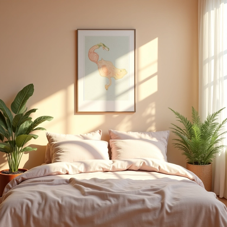 Quarto aconchegante com paleta de cores suaves, arte brasileira e iluminação natural.