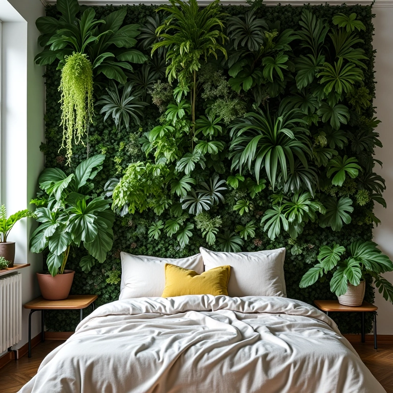 Quarto aconchegante com parede verde exuberante e decoração brasileira.