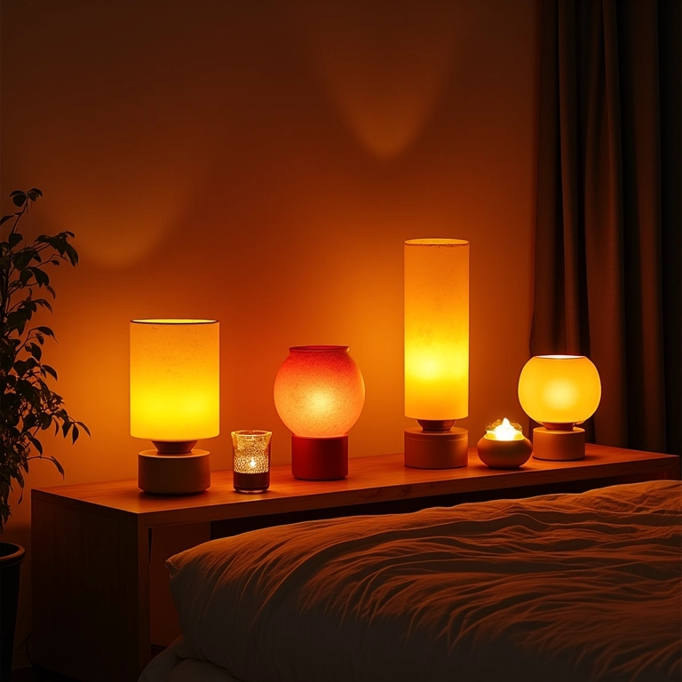 Quarto aconchegante iluminado por diversos abajures e luminárias estilosas.