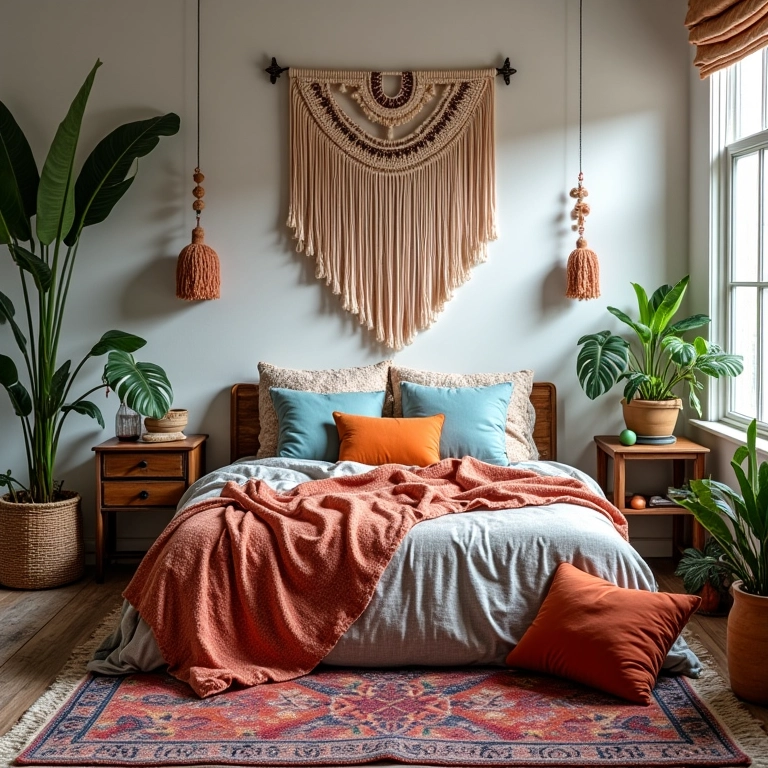 Quarto boho chic com cores vibrantes, macramê e plantas.