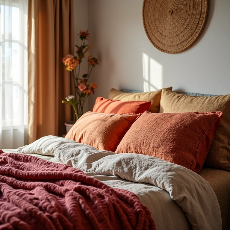 Quarto boho com almofadas coloridas e manta aconchegante.
