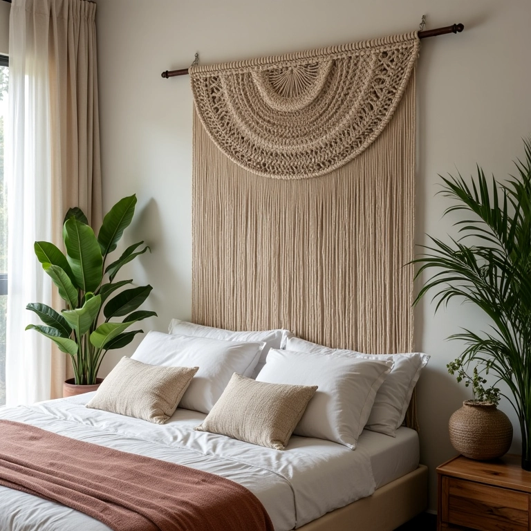 Quarto boho com cabeceira de macramê artesanal.