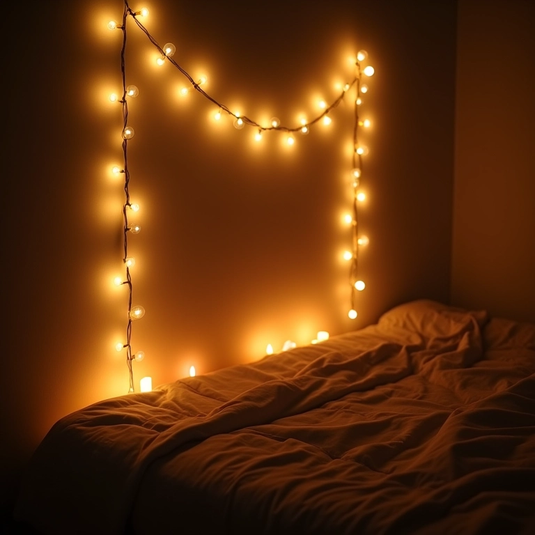 Quarto boho com iluminação suave de velas e luzes.