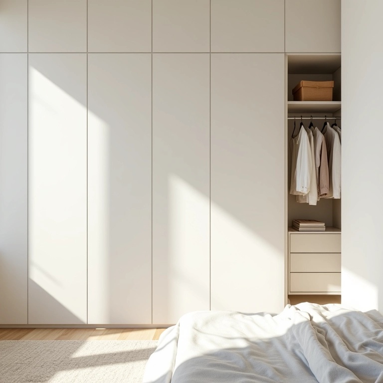 Quarto brasileiro com cores claras e neutras, transmitindo calma e serenidade.