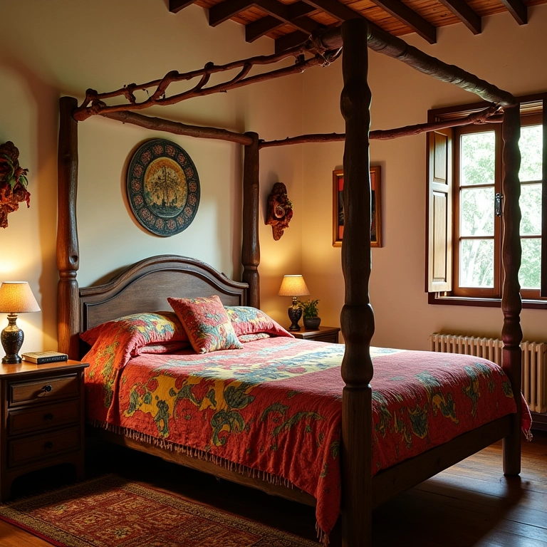 Quarto charmoso com cama tradicional de madeira e artesanato brasileiro.