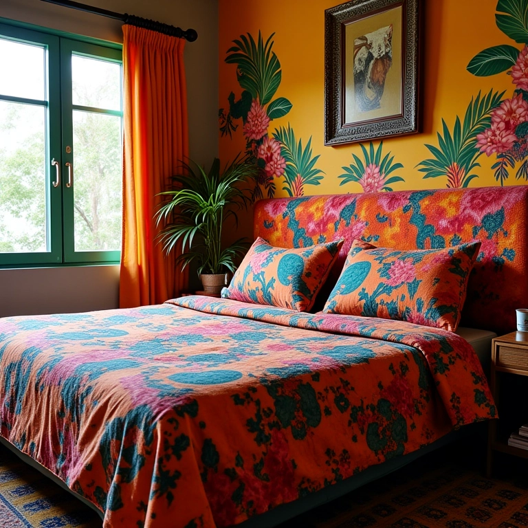 Quarto colorido com cabeceira de tecido estampado com padrões brasileiros.