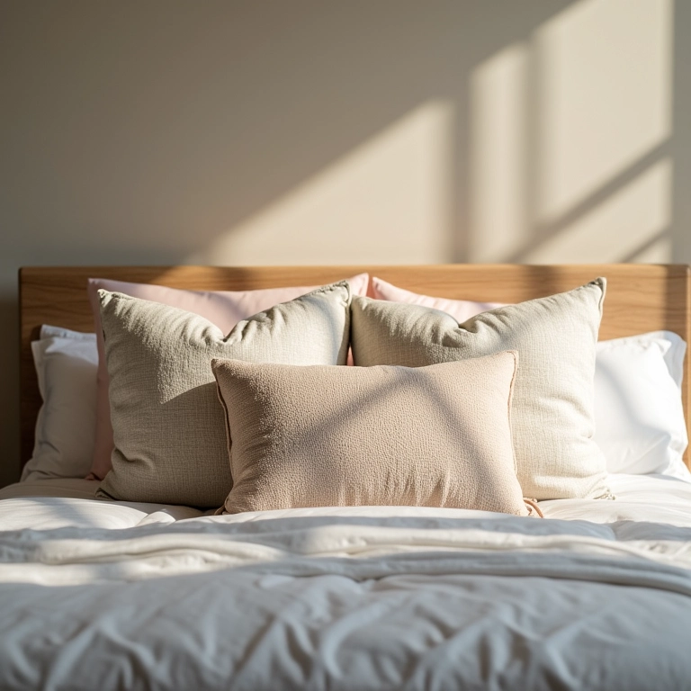 Quarto com almofadas decorativas na cama, ambiente relaxante.