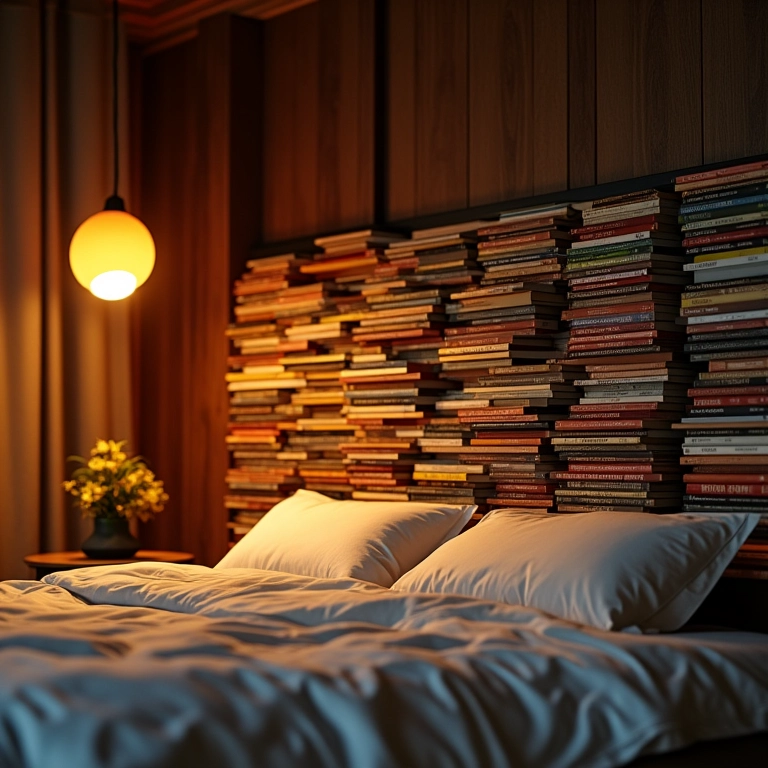 Quarto com cabeceira de livros empilhados.