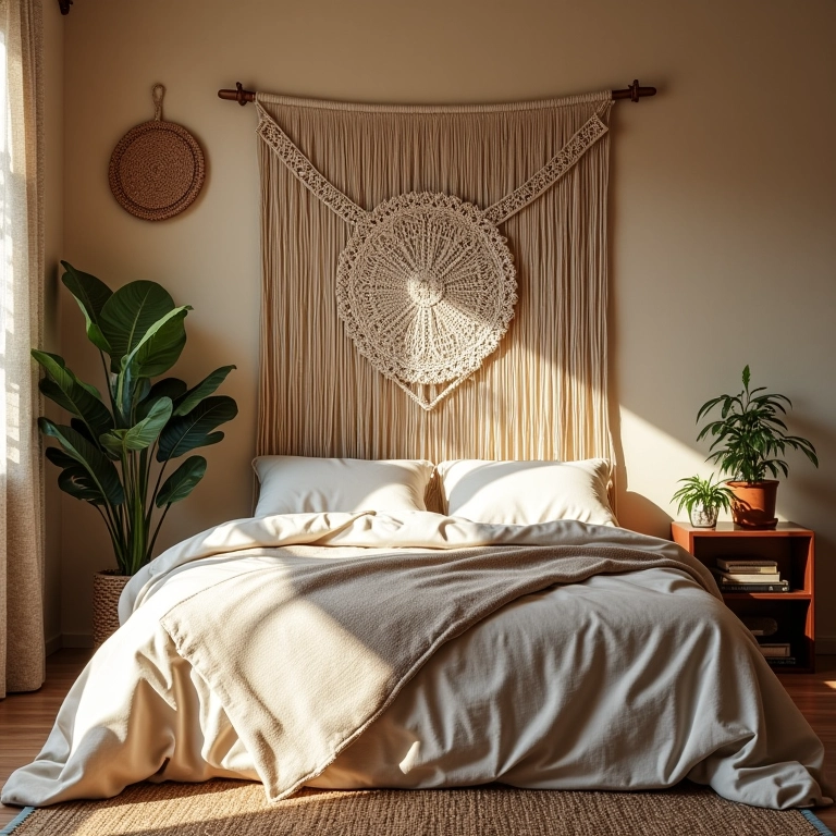Quarto com cabeceira de macramê em estilo boho e aconchegante.