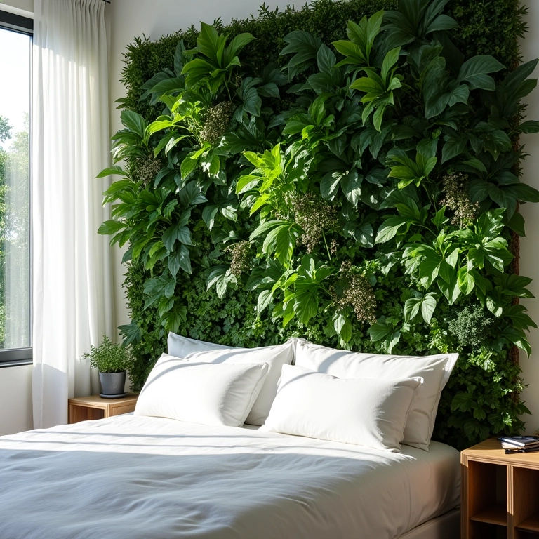 Quarto com cabeceira de plantas.