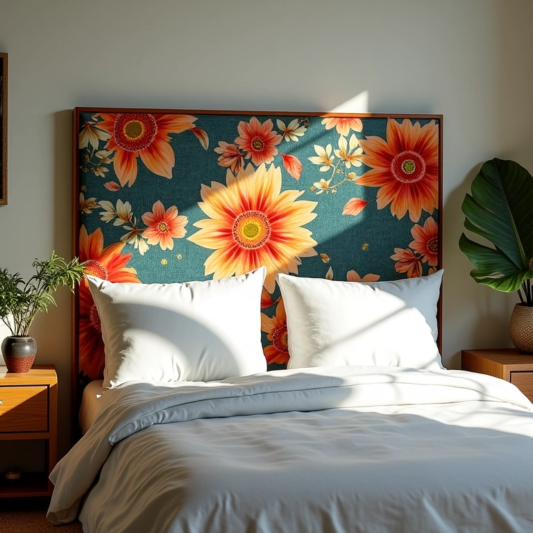 Quarto com cabeceira estampada floral, design brasileiro e luz natural.