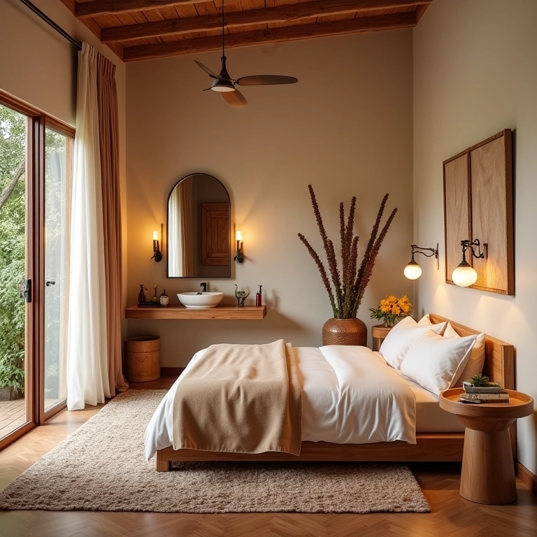 Quarto com cores e estilos harmoniosos e penteadeira charmosa.