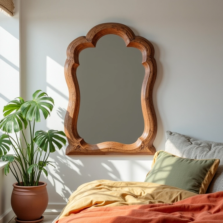 Quarto com espelho e moldura de madeira decorativa.