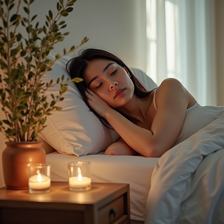 Quarto com eucalipto na mesa de cabeceira e iluminação suave.