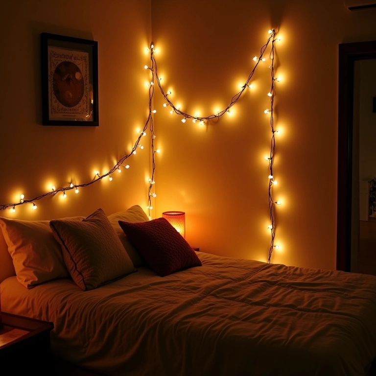Quarto com iluminação criativa e aconchegante.