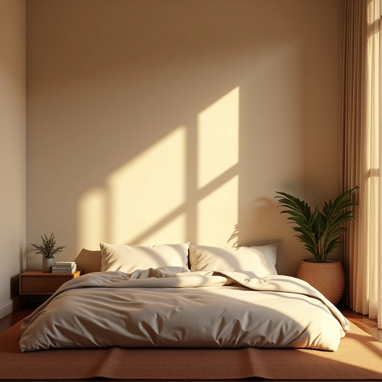 Quarto com iluminação indireta suave criando um ambiente calmo e relaxante.