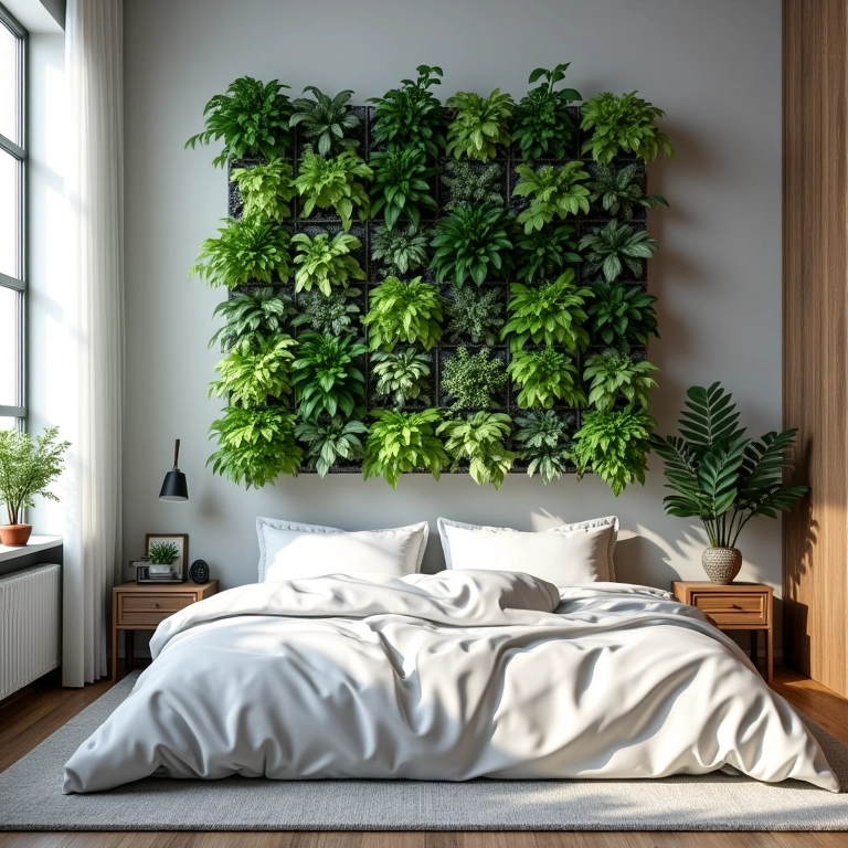 Quarto com jardim vertical modular e layout personalizável.
