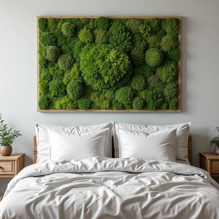 Quarto com mural de musgo preservado e tons neutros.