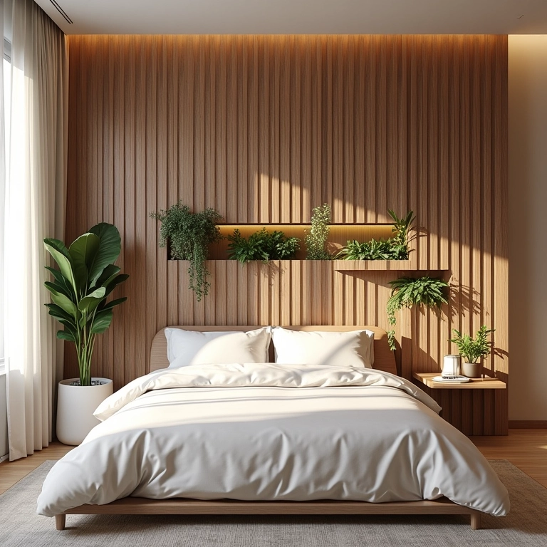 Quarto com painel ripado, plantas e design minimalista.