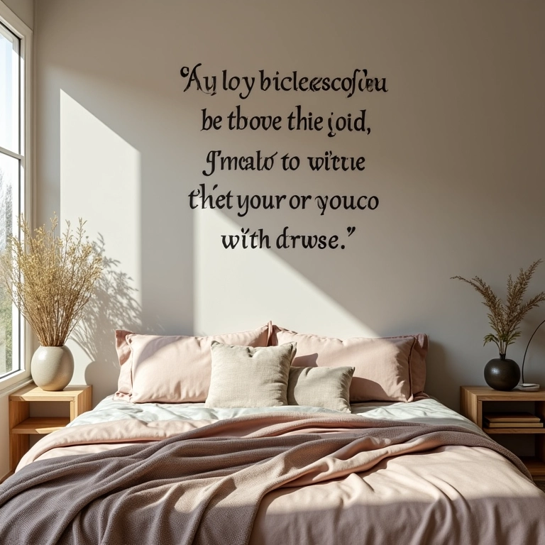 Quarto com parede decorada com lettering de afirmações positivas e decoração aconchegante.