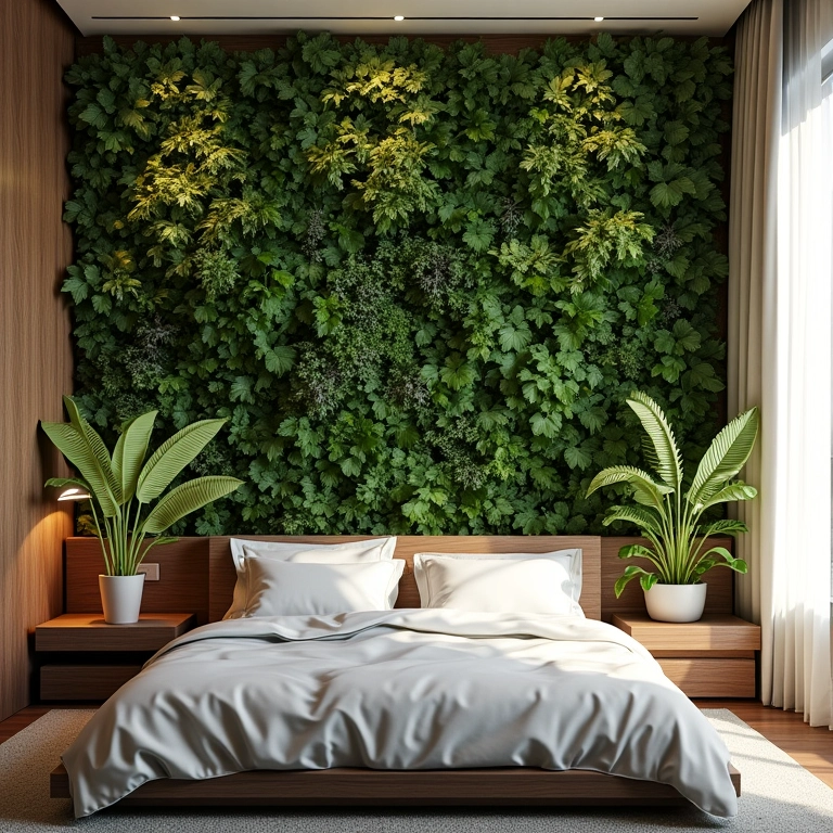 Quarto com parede verde natural e iluminação suave.