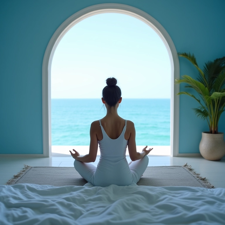Quarto com paredes azuis, roupa de cama branca e vista para o oceano. Mulher meditando.