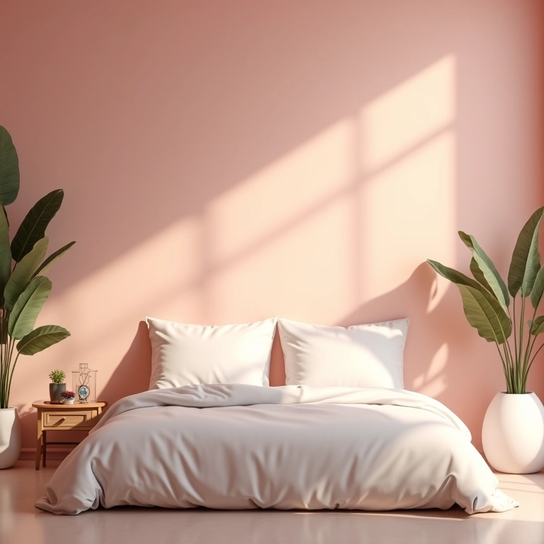 Quarto com paredes em tons de rosa e bege, criando uma atmosfera romântica e tranquila.