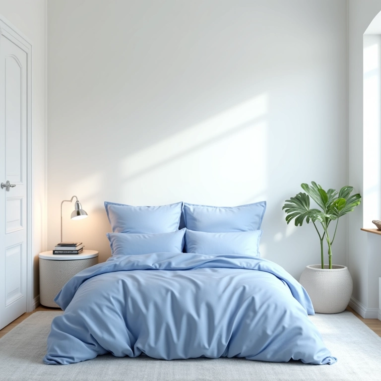 Quarto com paredes marfim e roupa de cama azul serenity, transmitindo leveza.