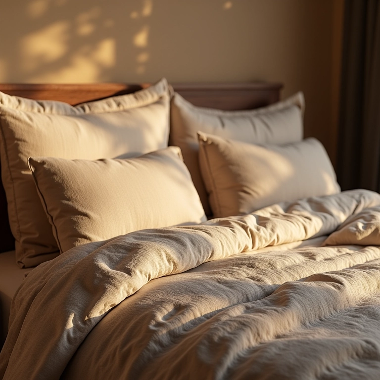 Quarto com roupa de cama aconchegante e tecidos texturizados.