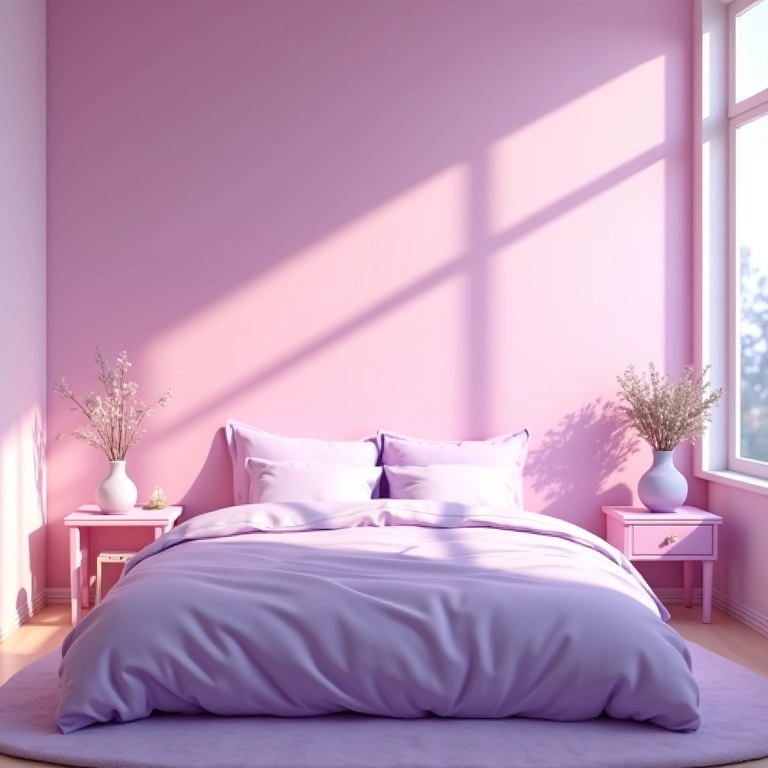 Quarto com tons de rosa e lavanda, promovendo calma e serenidade.