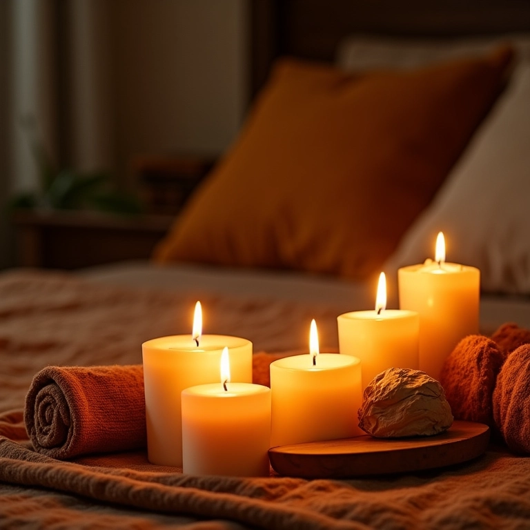 Quarto com velas e aromatizadores criando um ambiente relaxante e perfumado.