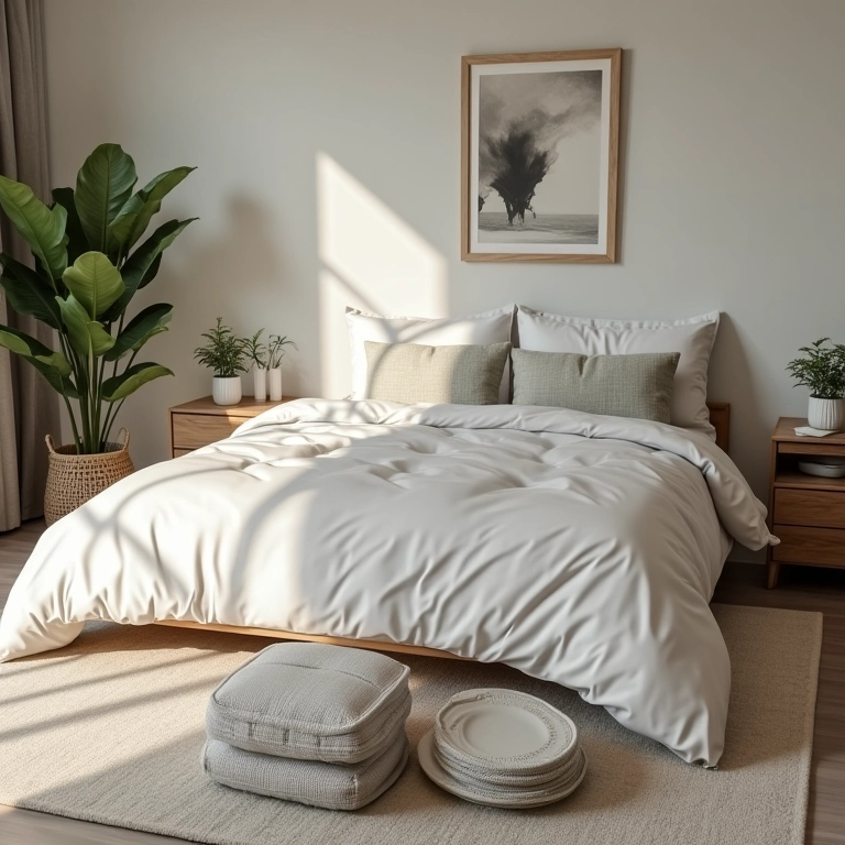 Quarto combinando pratos com outros elementos decorativos.