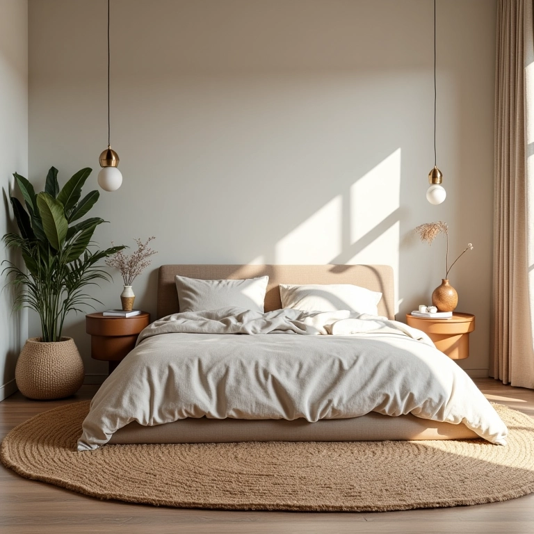 Quarto confortável com tapete de juta macio e atmosfera aconchegante.