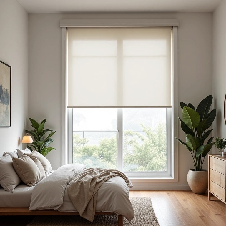 Quarto contemporâneo com cortina rolô e design funcional.