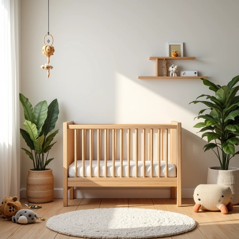 Quarto de bebê aconchegante com móveis de madeira natural.