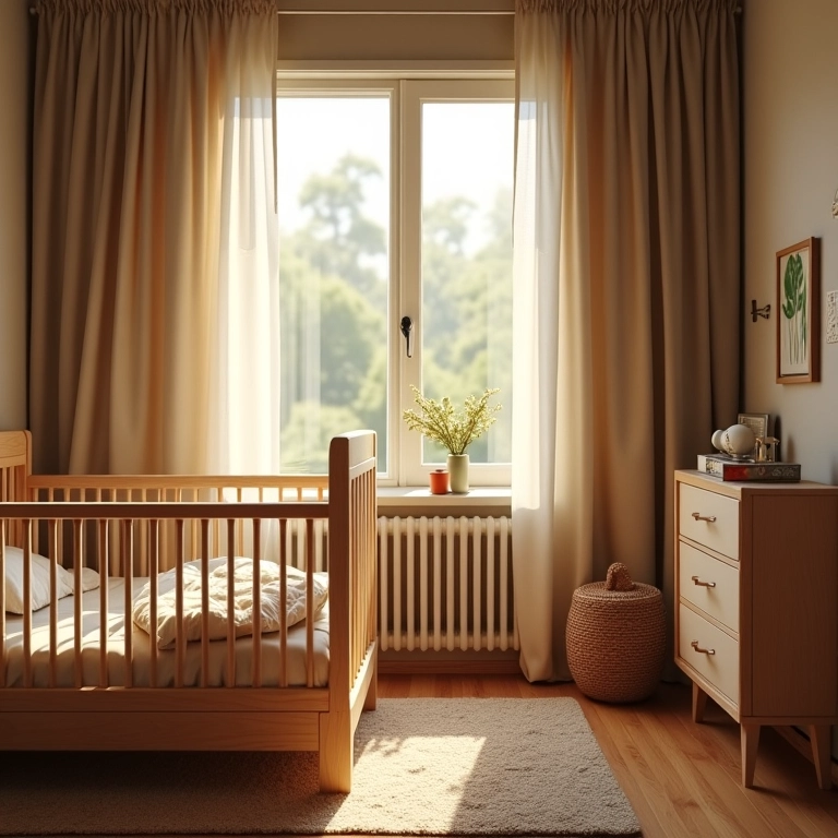 Quarto de bebê com cortinas blackout e termostato ajustável.