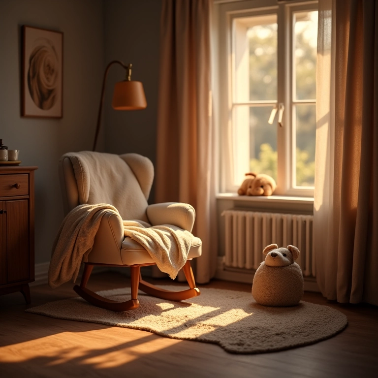 Quarto de bebê com iluminação suave e cadeira de balanço.