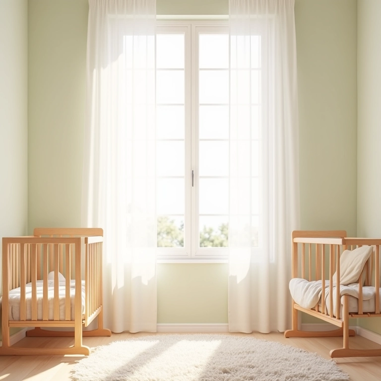 Quarto de bebê com paredes em tons pastel e móveis de madeira clara.