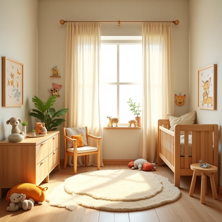 Quarto de bebê com tema safári, aconchegante e convidativo.