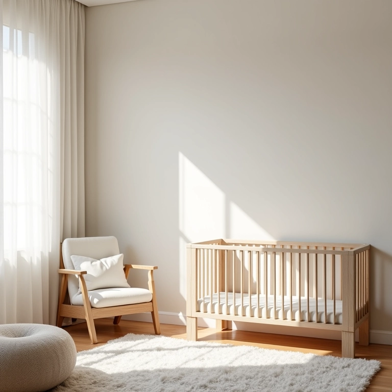 Quarto de bebê neutro com decoração minimalista e iluminação suave.