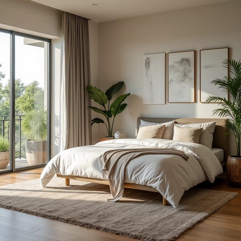 Quarto de casal amplo e elegante com cama king-size e decoração brasileira.