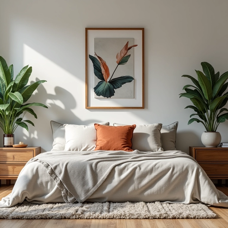 Quarto de casal com almofadas decorativas, obras de arte e plantas, adicionando personalidade.