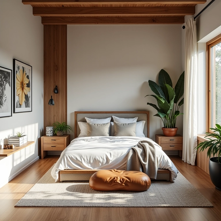 Quarto de casal com espaços de circulação bem definidos e mobiliário estratégico.