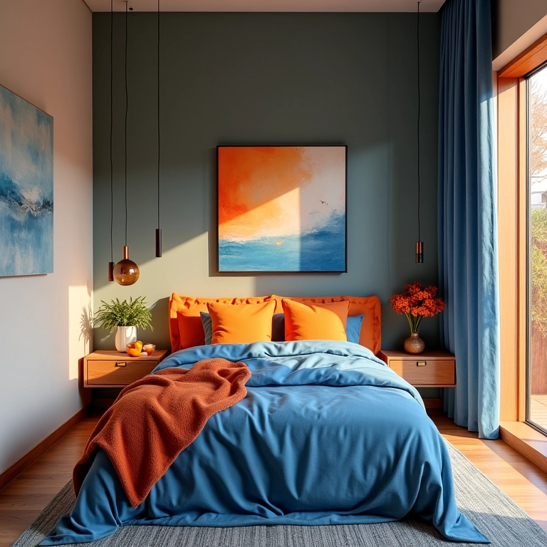 Quarto de casal com harmonia entre cores quentes e frias.