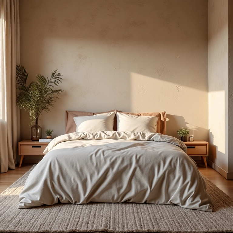 Quarto de casal com paredes texturizadas, tapete macio e roupa de cama de linho.