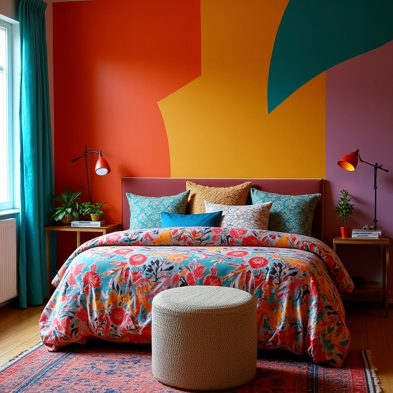 Quarto de casal com toques de cores vibrantes para personalizar o ambiente.