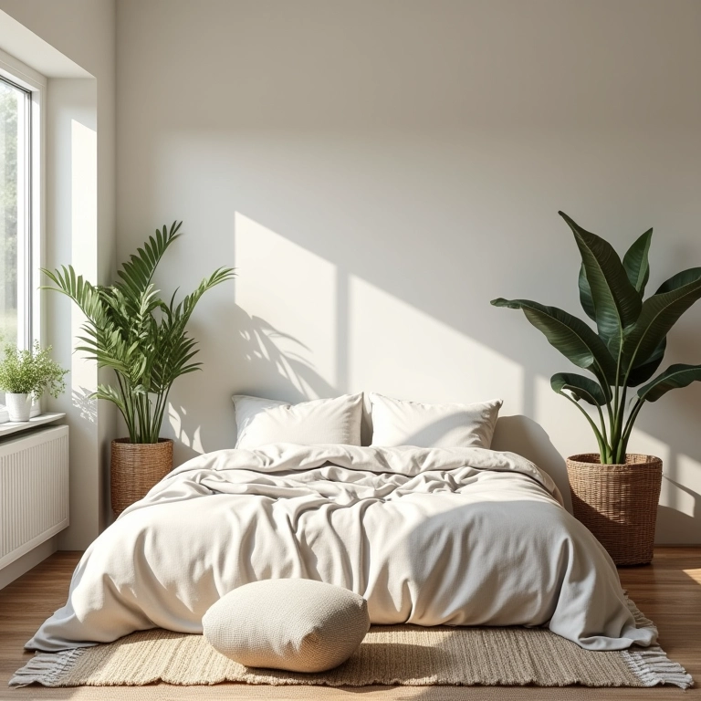 Quarto de casal elegante com paleta de cores neutras, roupa de cama de linho e luz natural.