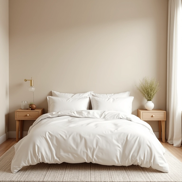 Quarto de casal em tons neutros que ampliam o espaço.